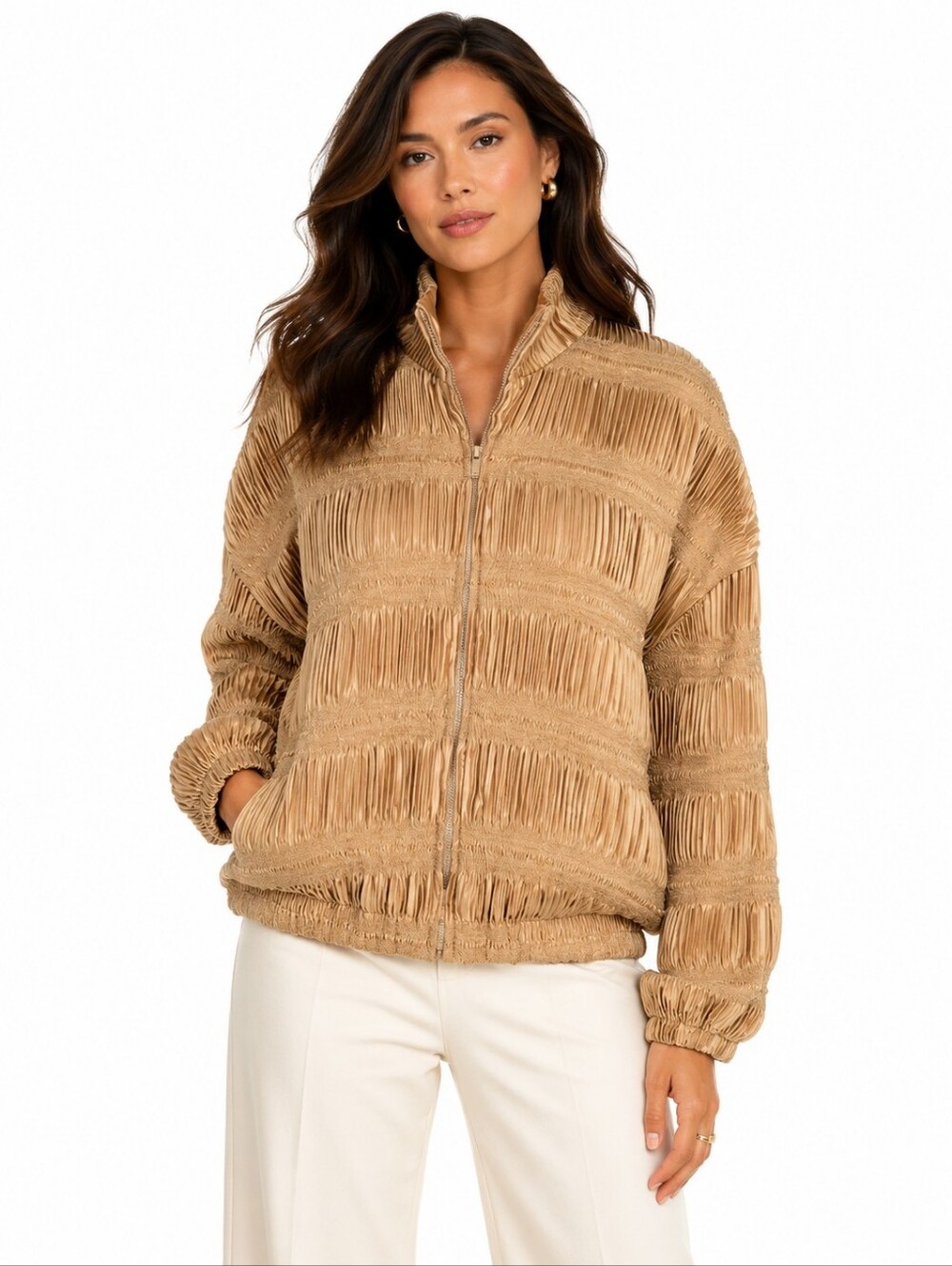 A.D.S Vintage Camel Textured Pleated Zip Front Jacket L Lightweight Statement